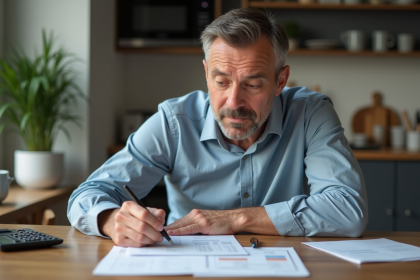 Homme d'âge moyen analysant des documents financiers à la maison