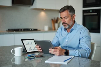 Homme d'affaires examine ses finances sur une tablette