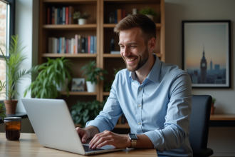 Homme français souriant utilisant un ordinateur avec tableau financier