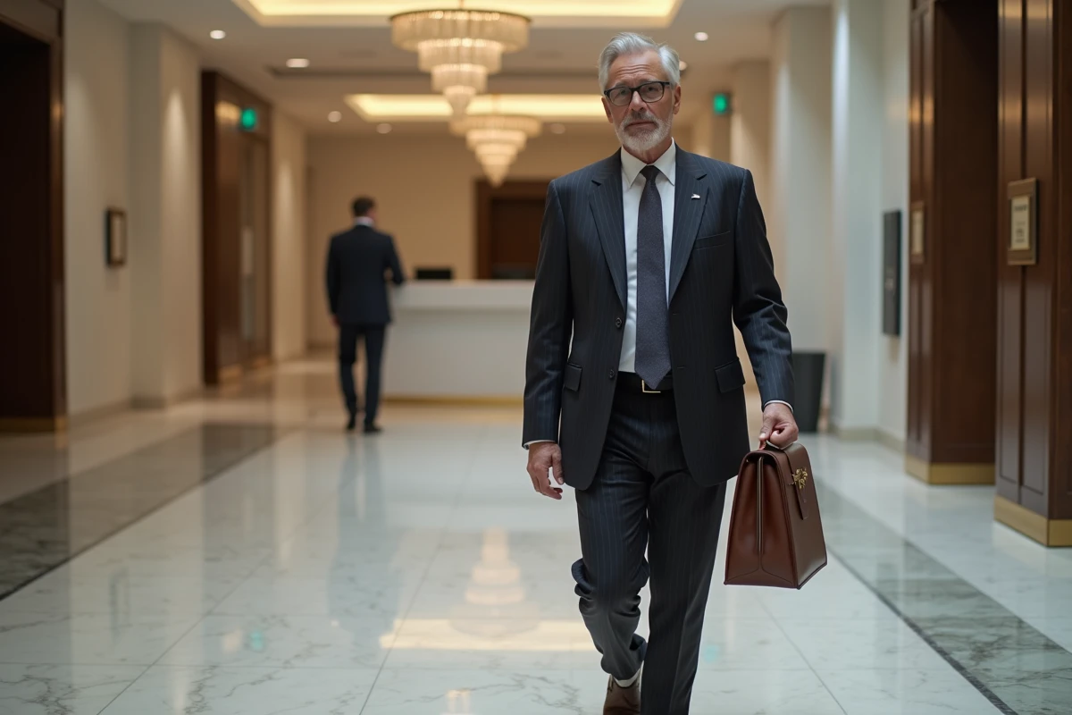 Homme d'affaires fortuné traversant le hall en marbre d'un immeuble de luxe représentant la richesse et le succès financier