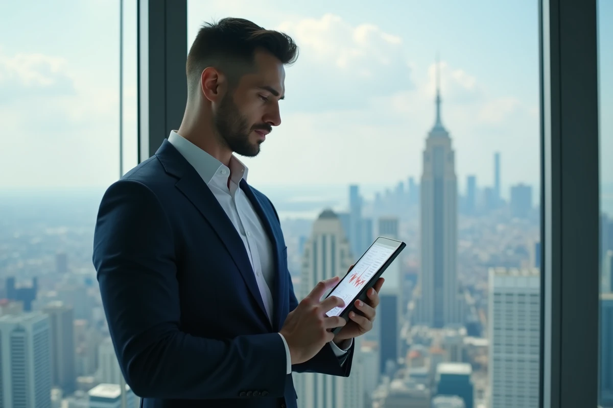 Homme en costume regardant des graphiques financiers dans la ville