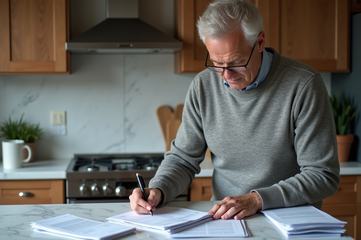 Homme d âge moyen vérifiant ses documents fiscaux à la maison
