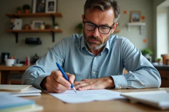 Homme d'âge moyen remplissant sa déclaration d'impots à la maison