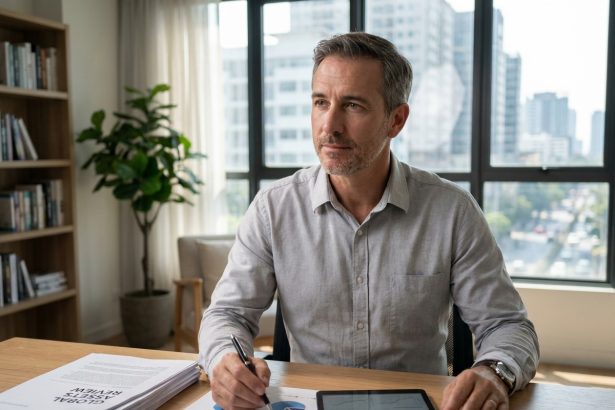 Un homme consultant des documents d'investissement en loi Girardin dans un bureau moderne, illustrant une stratégie d'épargne fiscale réfléchie