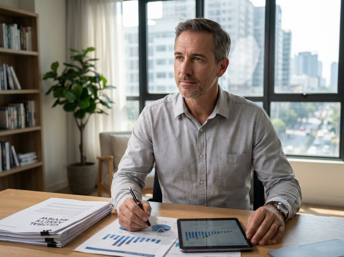 Un homme consultant des documents d'investissement en loi Girardin dans un bureau moderne, illustrant une stratégie d'épargne fiscale réfléchie