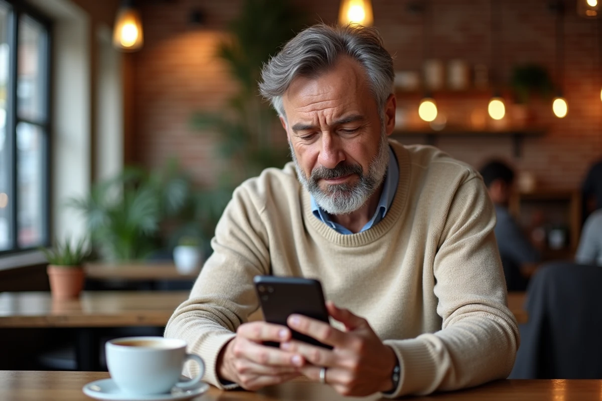 Homme lisant des actualités financières sur smartphone dans un café urbain pour filtrer l'information d'investissement