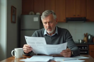 Homme d'âge moyen examinant des documents dans sa cuisine