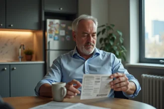 Homme d'âge moyen examinant un ticket EuroMillions dans une cuisine moderne