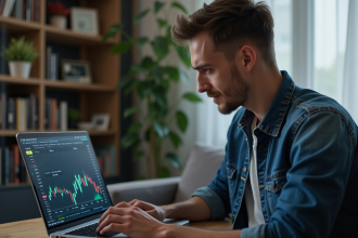 Jeune homme regardant des graphiques crypto sur son ordinateur