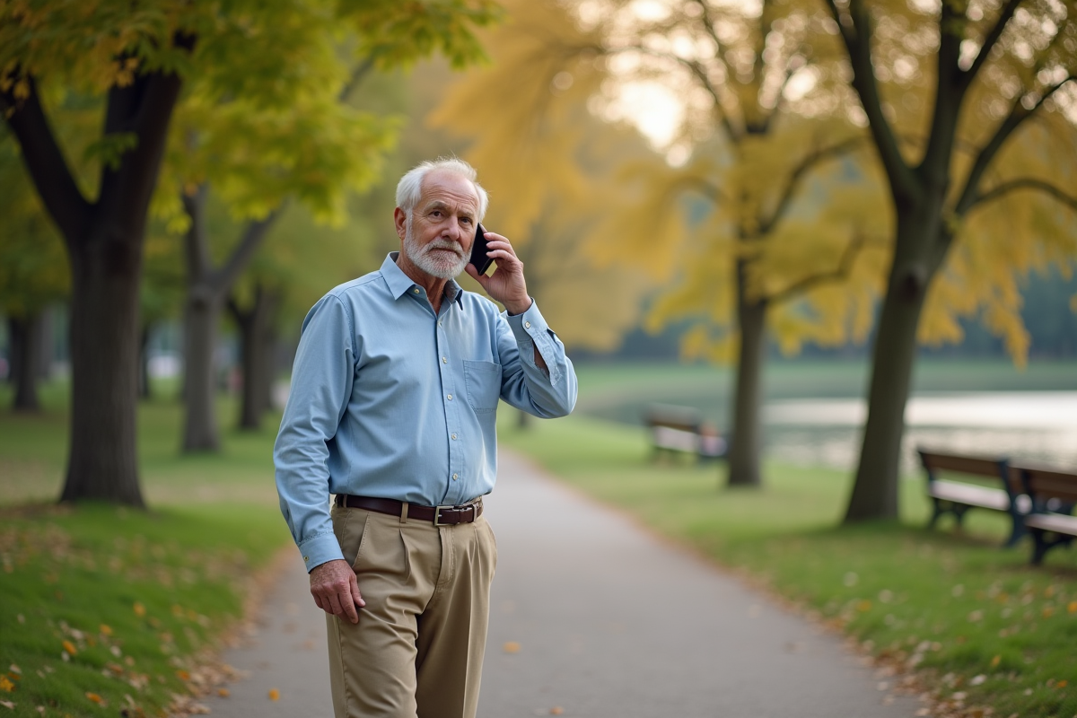 Homme d age moyen parle au téléphone dans un parc en automne