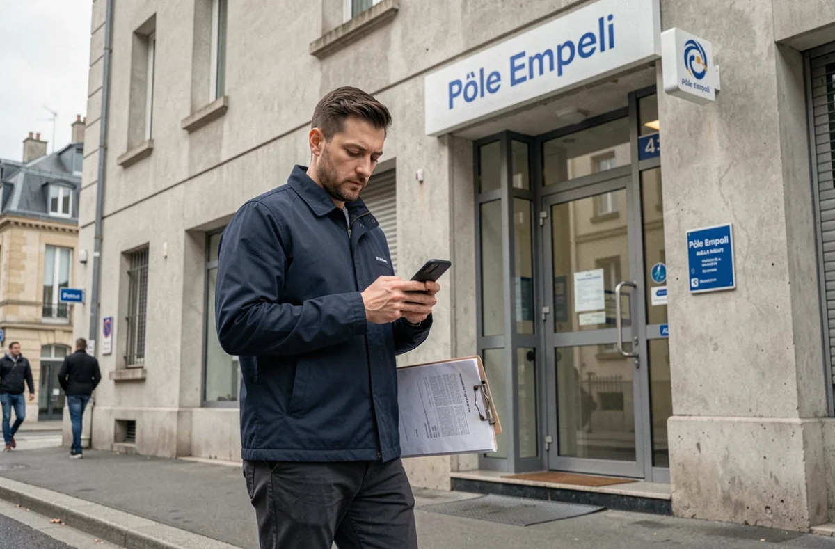 Homme devant une agence Pôle Emploi consultant son téléphone après une fin de contrat saisonnier