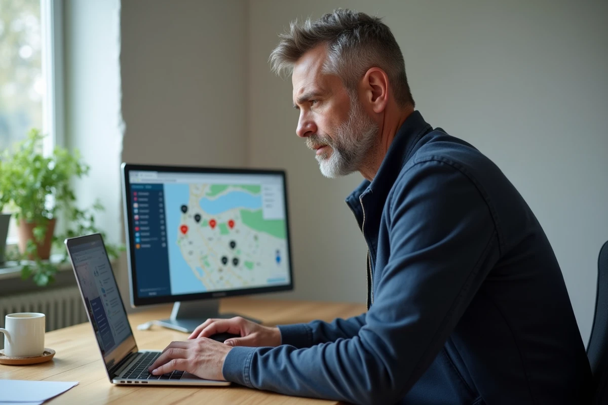 Homme recherchant le distributeur de billets le plus proche sur une carte interactive en ligne depuis son bureau à domicile