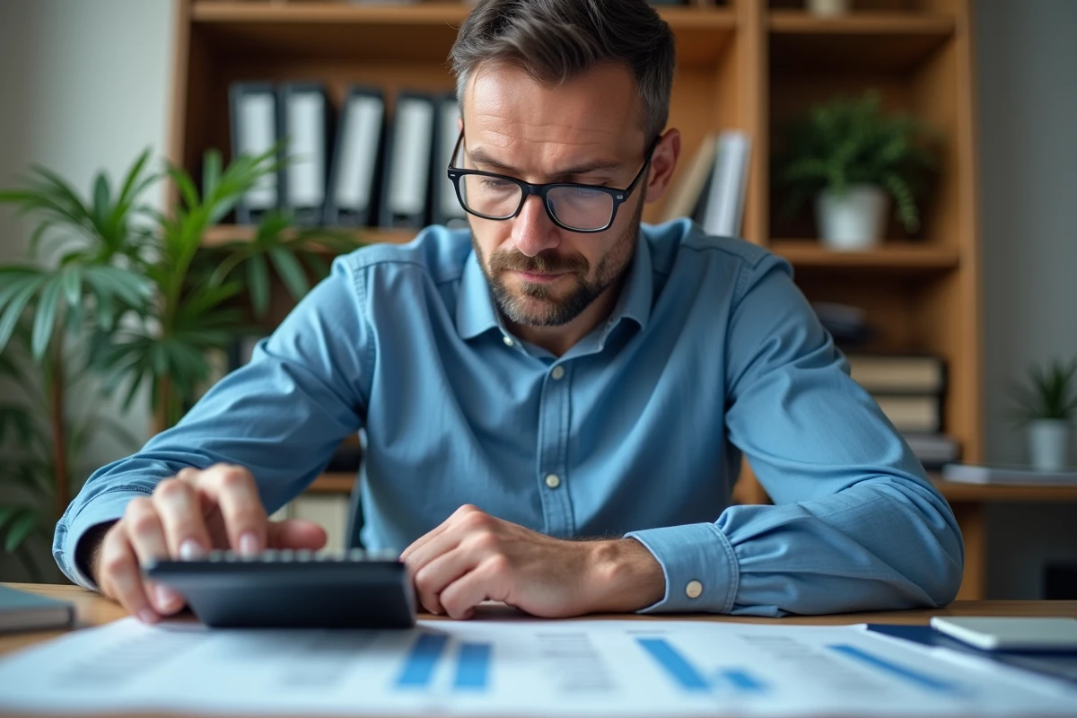Homme en home office calculant son reste à vivre à partir de son salaire brut avec calculatrice et tableau financier