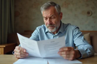 Homme d'âge moyen examine des papiers bancaires à la maison