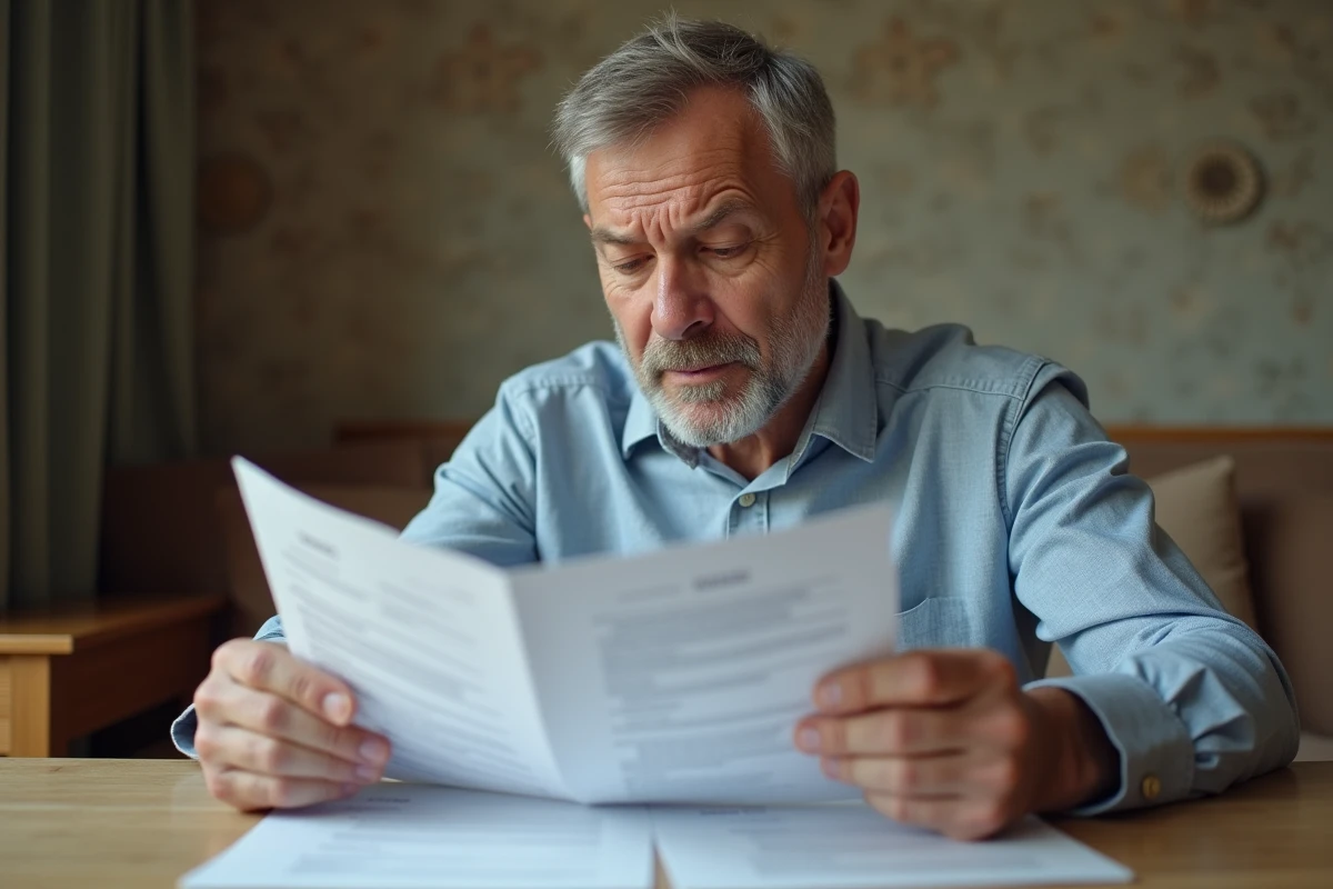Homme d'âge moyen examine des papiers bancaires à la maison