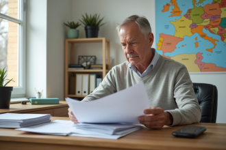 Homme d age examine documents d impots dans son bureau