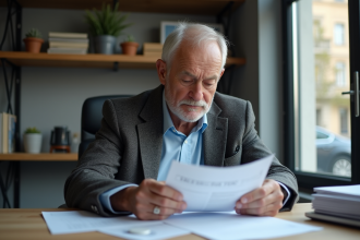 Homme français examine documents de pension à son bureau