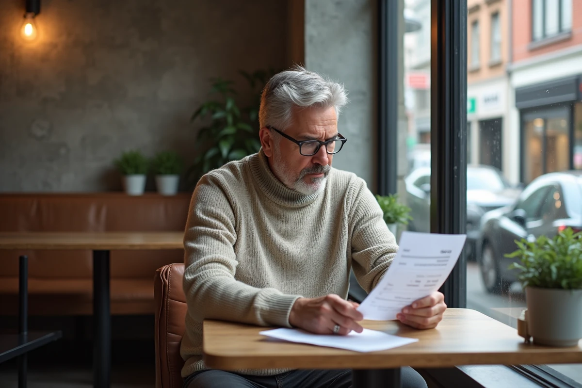 Homme consulte son relevé bancaire dans un café moderne