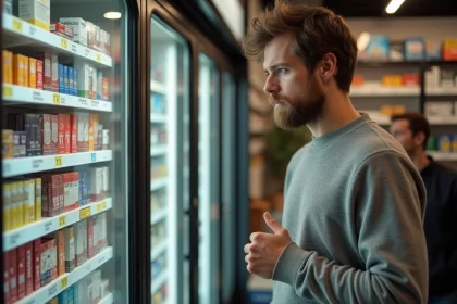 Homme suisse regardant une liste de prix de cigarettes