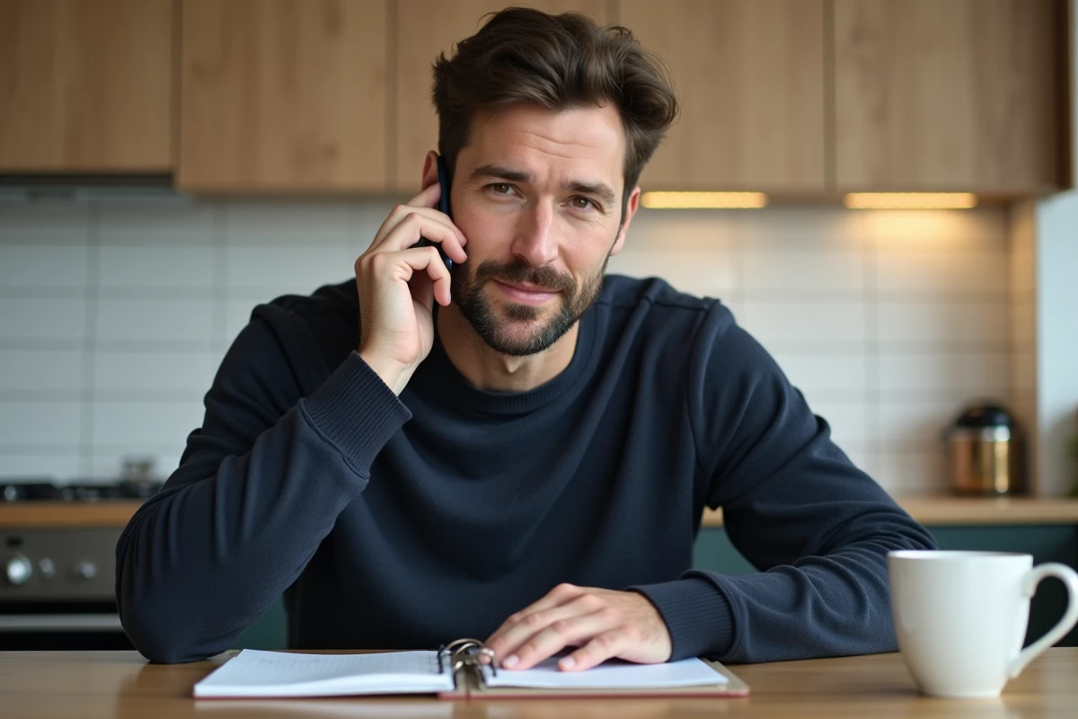 Homme contactant Cofidis par téléphone pour se renseigner sur un rachat de crédit depuis sa cuisine