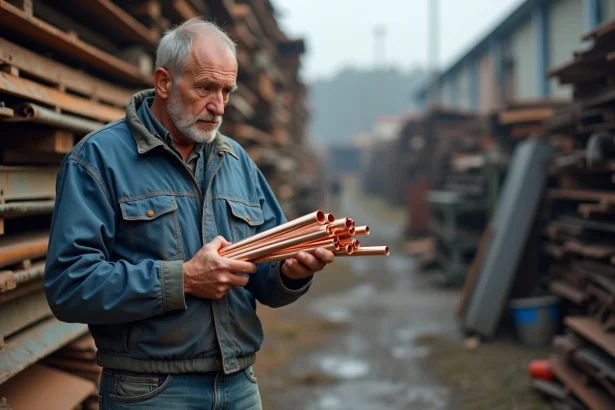 Homme en veste de travail examine des tuyaux en cuivre dans une casse