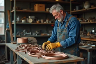 Homme d'âge moyen triant des tuyaux en cuivre dans un atelier