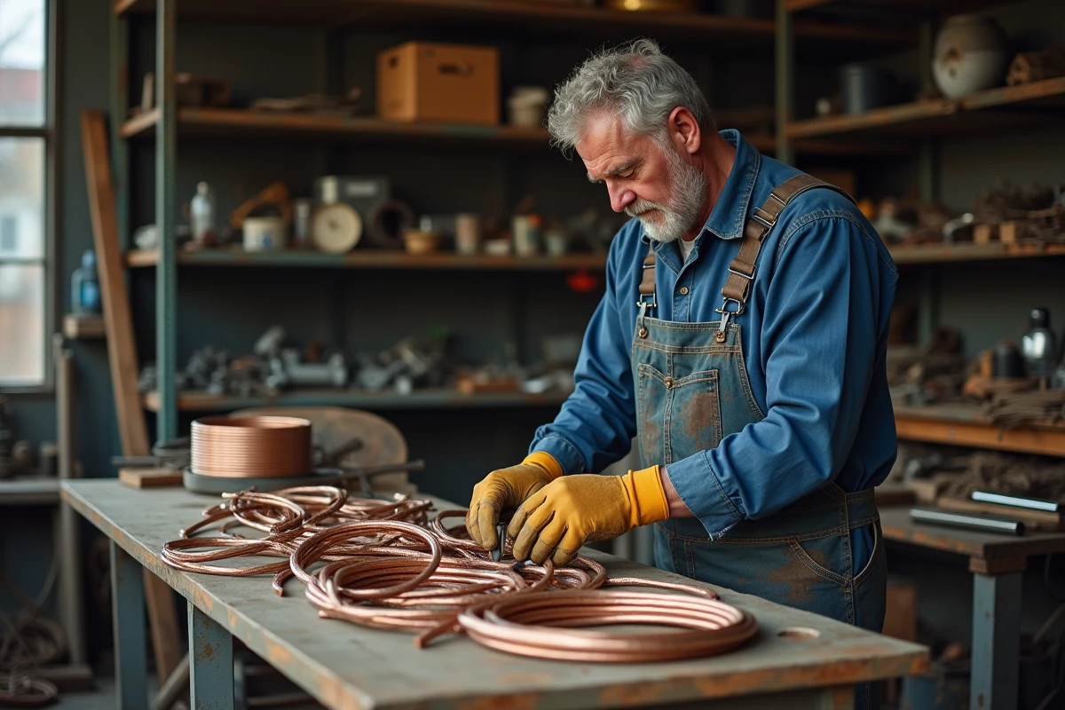 Homme d'âge moyen triant des tuyaux en cuivre dans un atelier