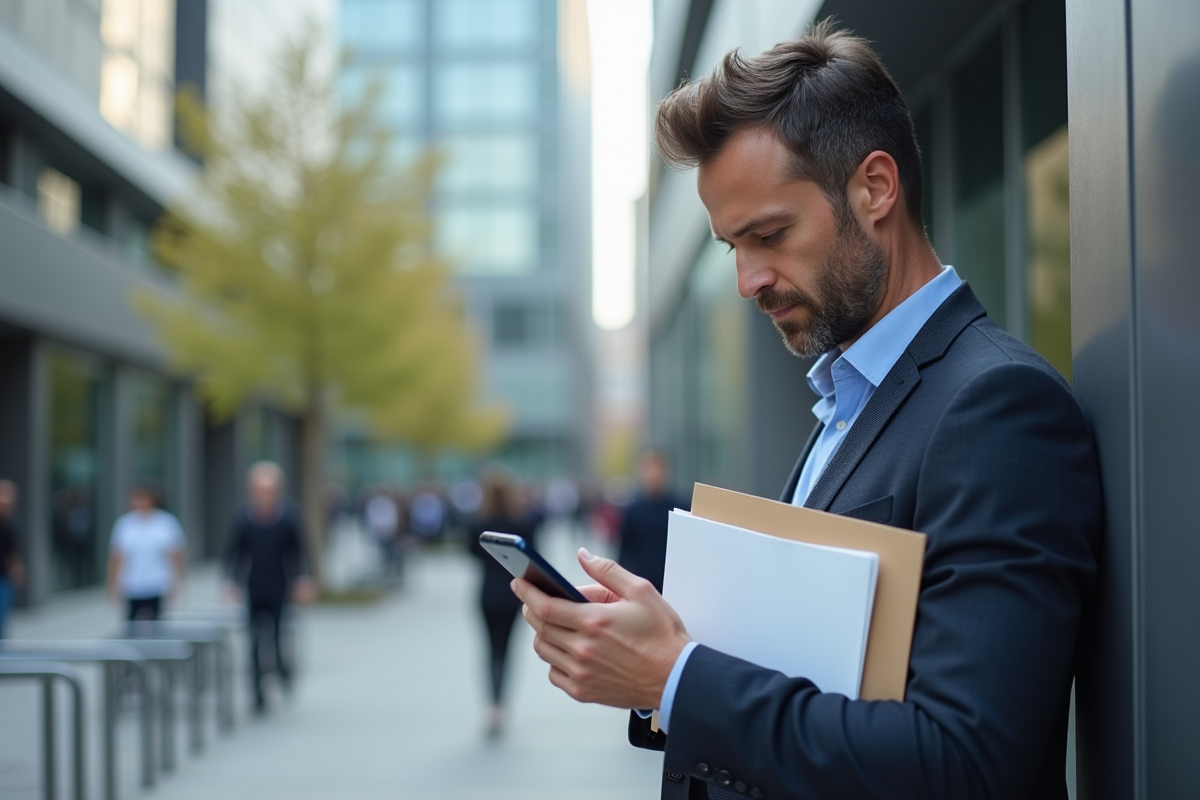 Homme d affaires utilisant son smartphone devant un bâtiment moderne