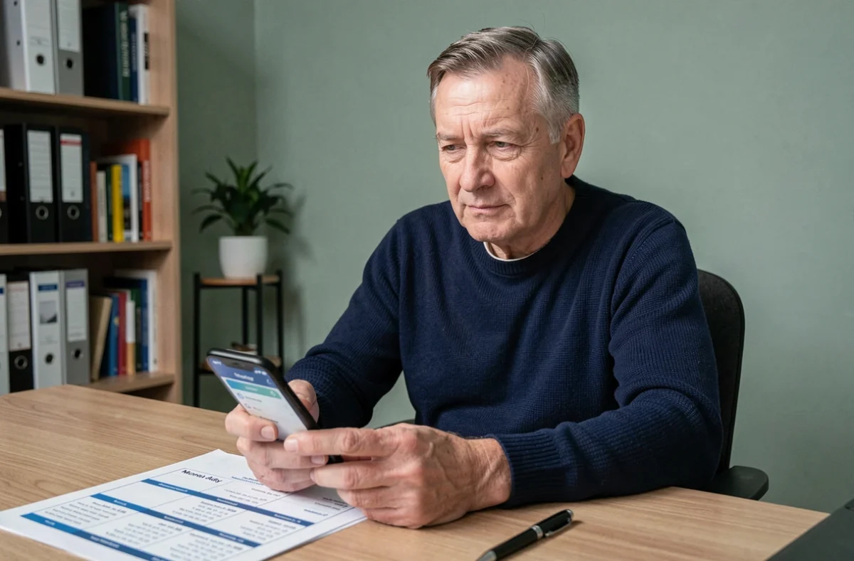 Homme senior vérifiant les dates de versement de sa pension d'invalidité sur son smartphone dans un bureau à domicile