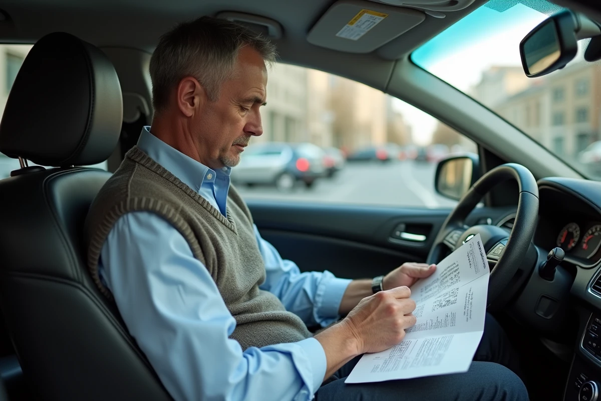 Homme organisant ses reçus de voyage dans une voiture