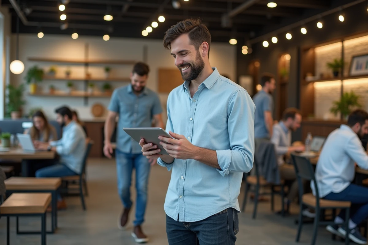 Homme en chemise bleue discutant en coworking
