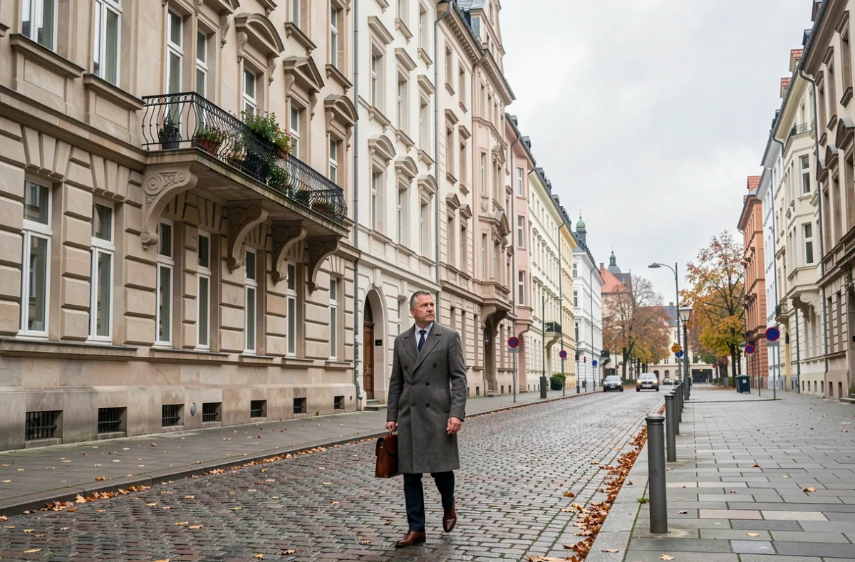 Investisseur immobilier observant des immeubles résidentiels berlinois typiques lors d'une visite de marché SCPI