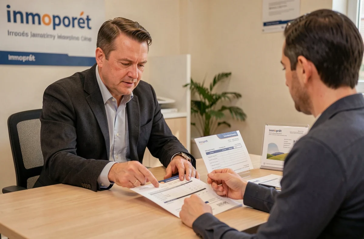Courtier Immoprêt Orne expliquant une offre de financement immobilier à un client dans son agence