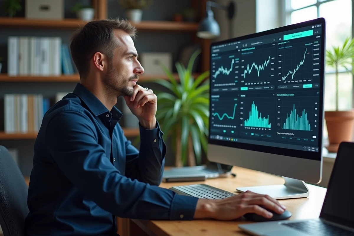 Investisseur masculin analysant des informations financières sur un écran d'ordinateur dans un bureau à domicile moderne