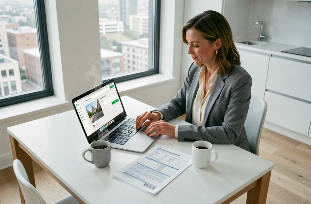 Femme investisseur consultant un tableau de bord de SCPI européennes sur ordinateur portable avec formulaire fiscal