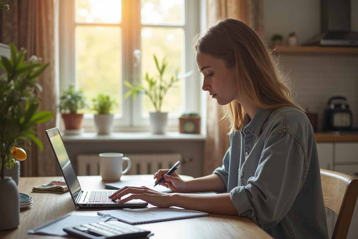 Jeune adulte analysant un tableau financier à la maison