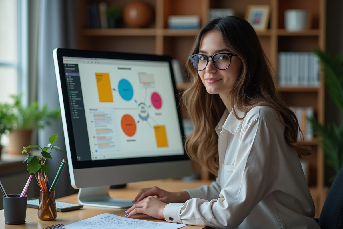 Jeune analyste étudiant une carte mentale colorée dans un bureau moderne