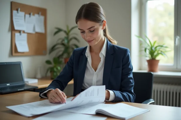 Jeune enseignante consultant ses bulletins de salaire de l'éducation nationale à son bureau