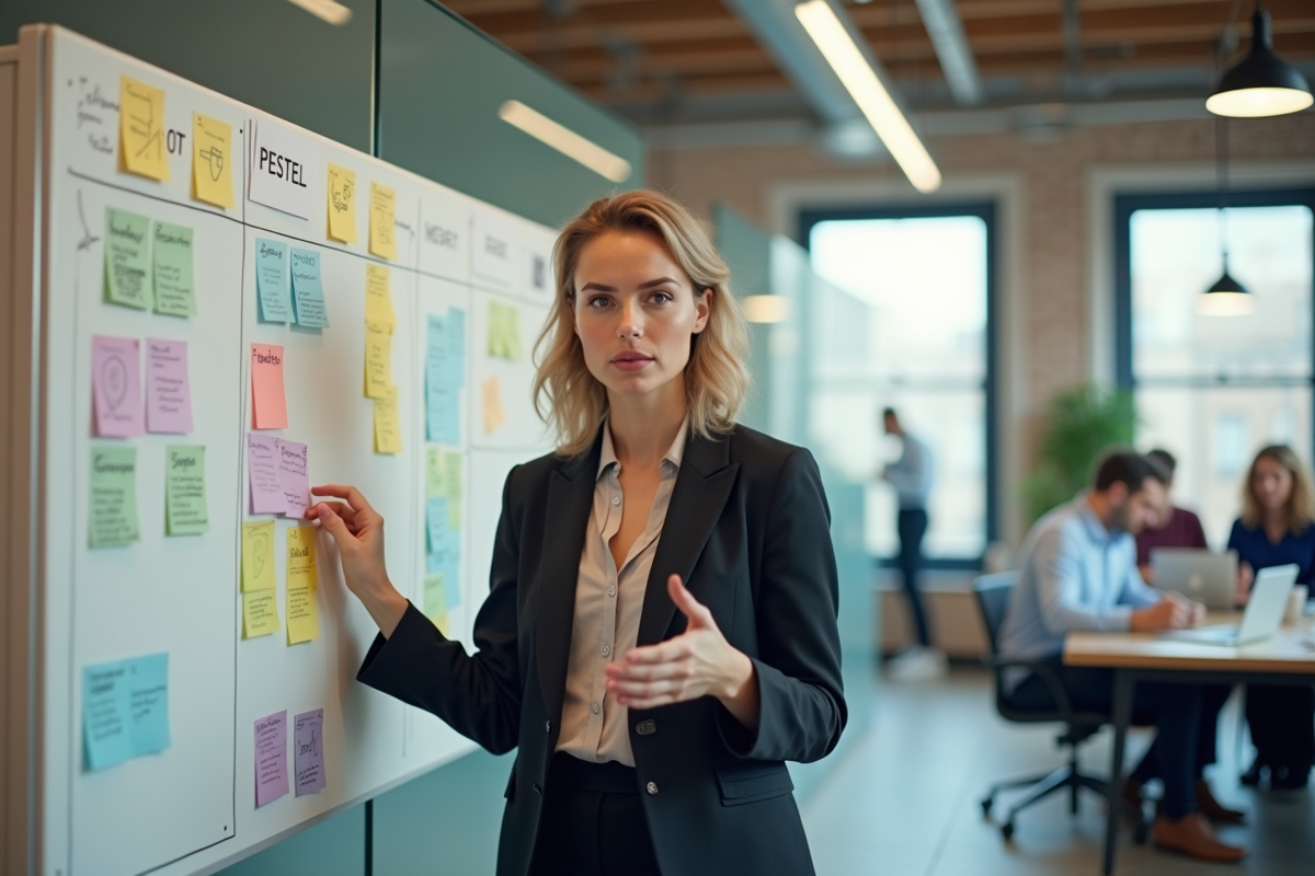 Jeune femme entrepreneure expliquant ses idées devant un tableau blanc