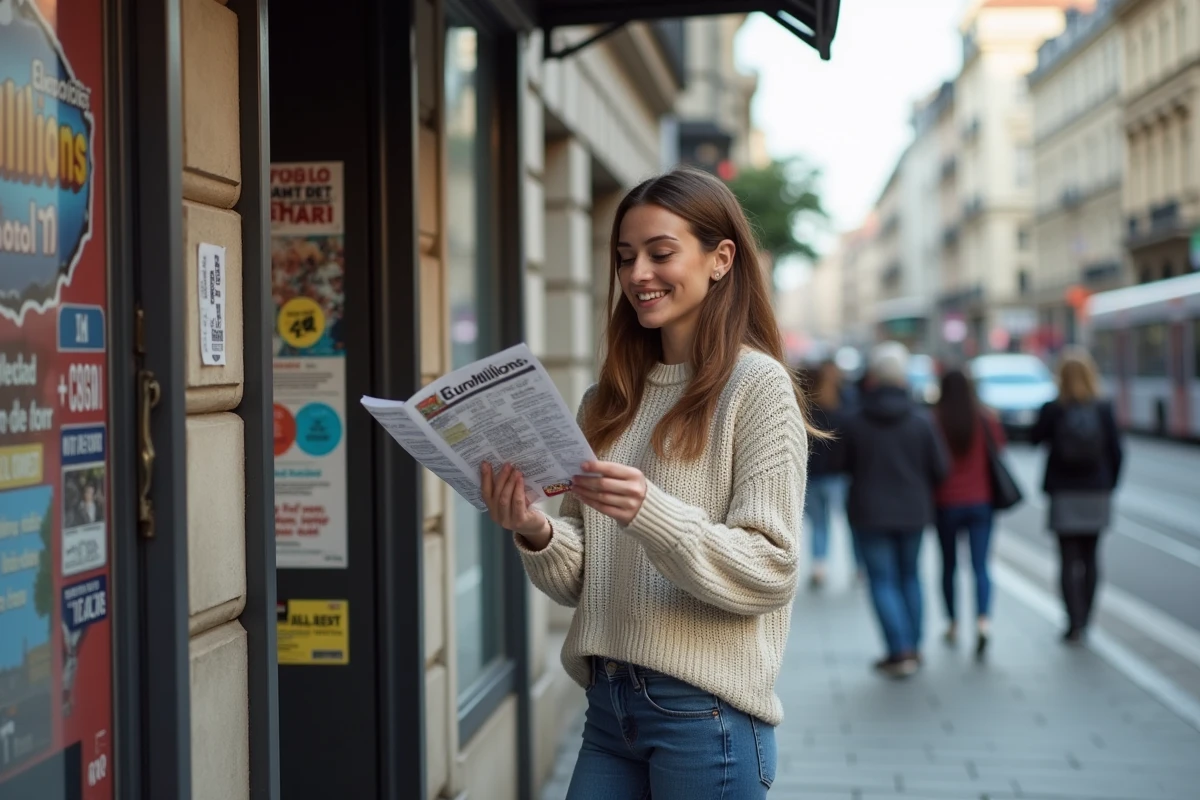 Jeune femme souriante achetant un ticket EuroMillions devant un kiosque