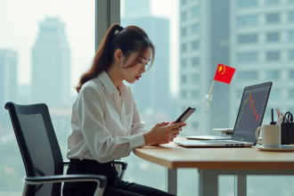 Jeune femme chinoise en bureau moderne regardant son smartphone