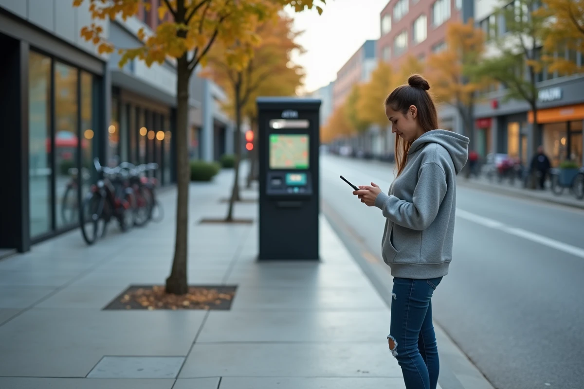 Jeune femme consultant une application de carte sur smartphone pour localiser le distributeur automatique de billets le plus proche dans une rue urbaine