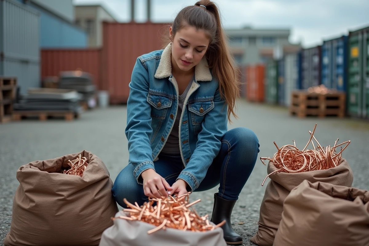 Jeune femme organisant des morceaux de cuivre dans une zone de recyclage