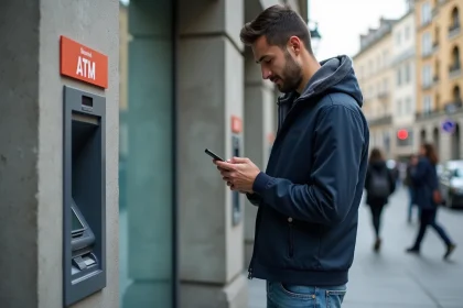 Jeune homme urbain utilisant un ATM moderne en ville