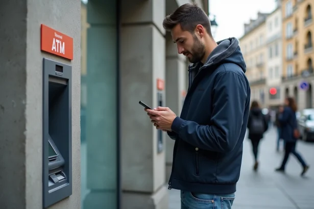Jeune homme urbain utilisant un ATM moderne en ville