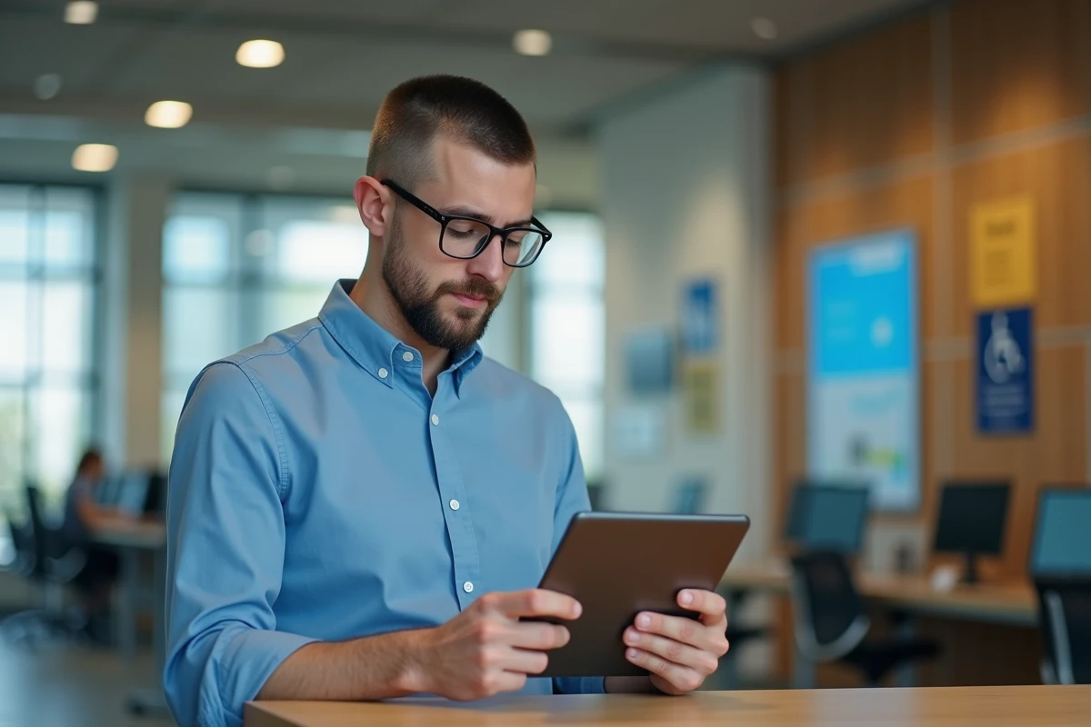 Jeune homme avec tablette dans une agence bancaire contemporaine