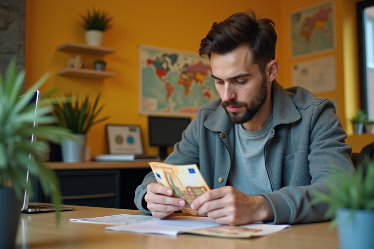 Jeune homme comptant des billets dans un bureau chaleureux