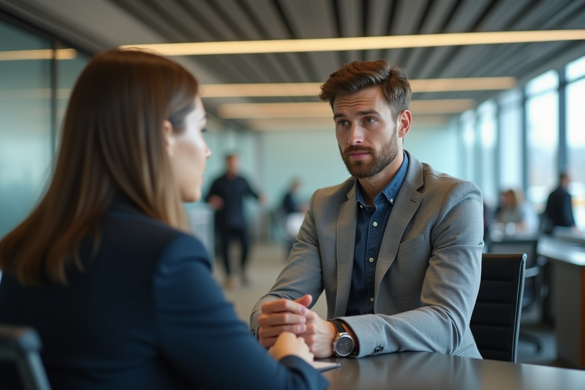 Jeune homme attentif avec conseiller bancaire dans une agence