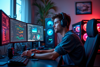 Jeune homme dans un bureau moderne surveillant le minage de cryptomonnaie