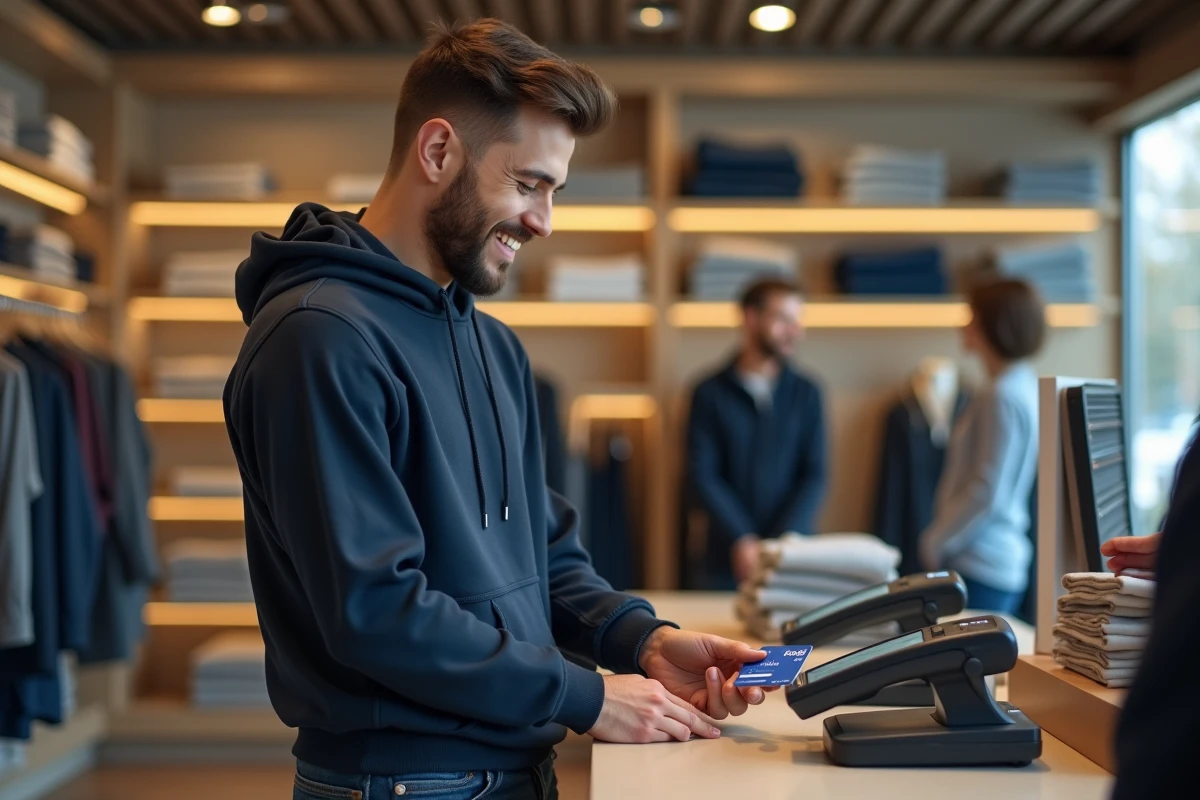 Jeune homme utilisant sa carte cadeau Kadéos Infini sur un terminal de paiement en boutique de vêtements